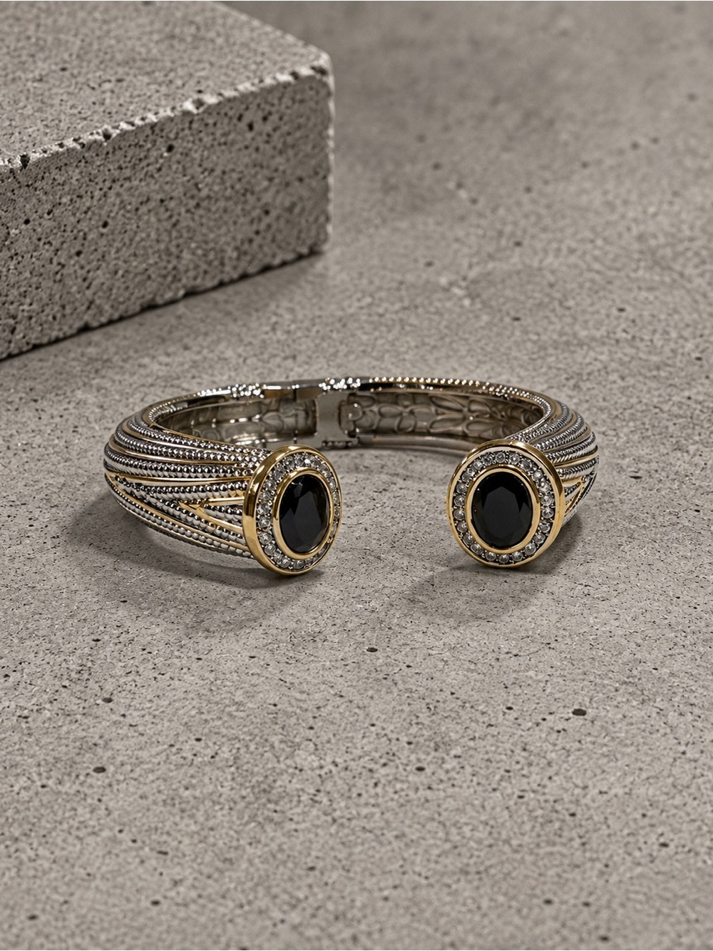 Two-Tone Black Stone Cuff Bracelet
